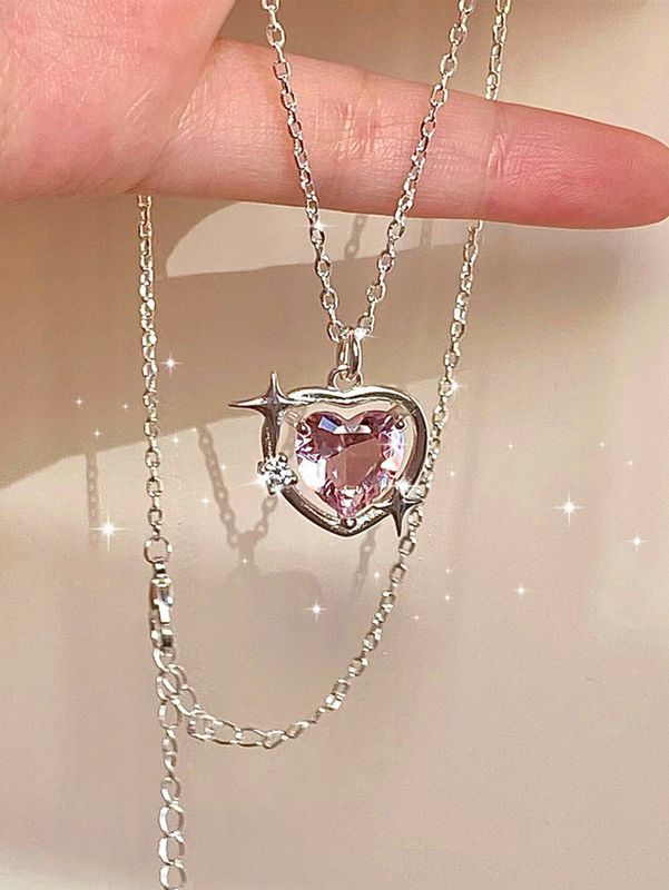 Copper Cute Heart Shape Inlay Zircon Pendant Necklace