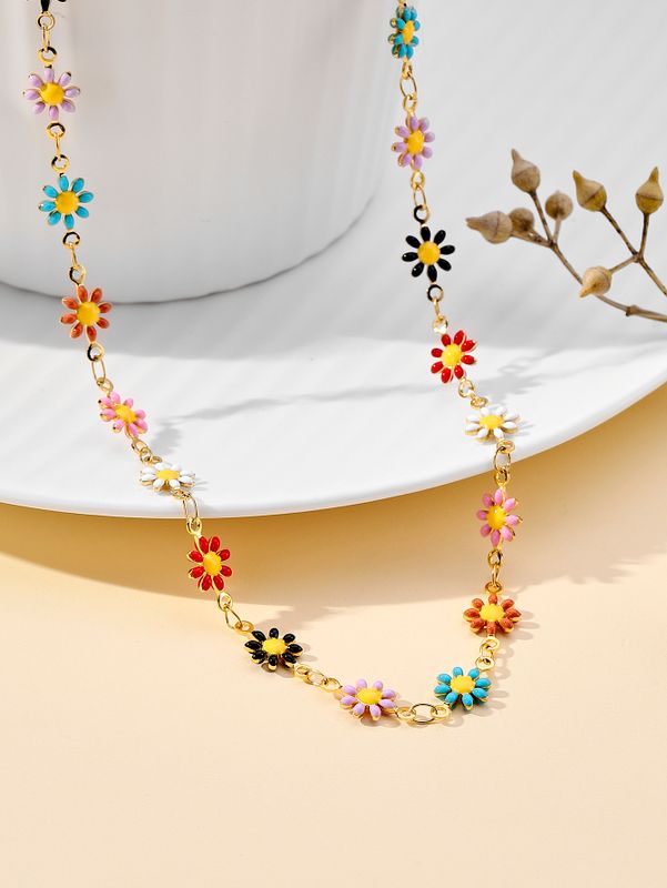 304 Stainless Steel 14K Gold Plated Sweet Enamel Plating Daisy Necklace
