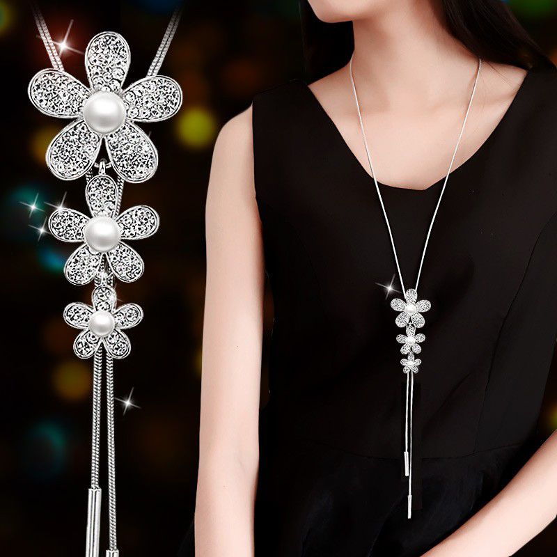 Ig Style Shiny Flower Alloy Copper Plating Inlay Artificial Pearls Rhinestones Sweater Chain Long Necklace