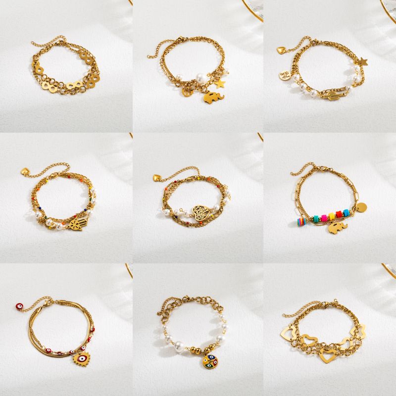 Casual Infinity Heart Shape Elephant Stainless Steel Enamel Plating Inlay Artificial Pearls 18k Gold Plated Bracelets