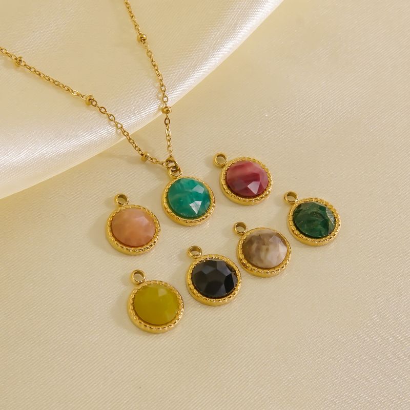 304 Stainless Steel 14K Gold Plated Simple Style Plating Inlay Round Natural Stone Pendant Necklace
