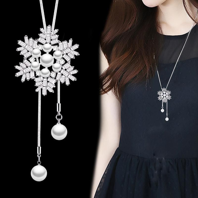 Ig Style Shiny Snowflake Alloy Copper Plating Inlay Artificial Crystal Artificial Pearls Rhinestones Women's Sweater Chain