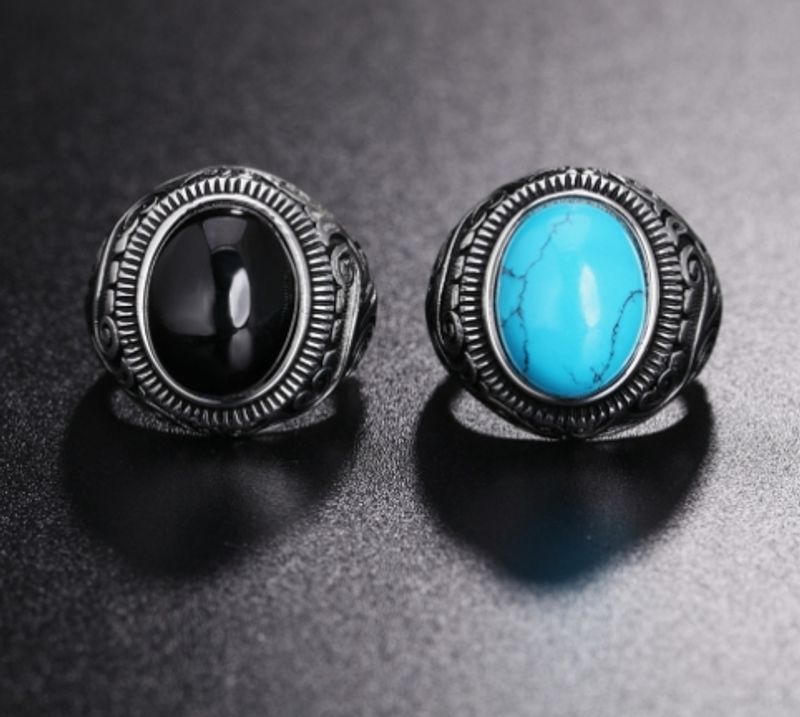 Retro Solid Color Titanium Steel Inlay Turquoise Men's Rings