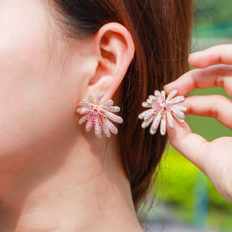 1 Pair Casual Romantic Flower Plating Inlay Copper Zircon Rhodium Plated Silver Plated Ear Studs