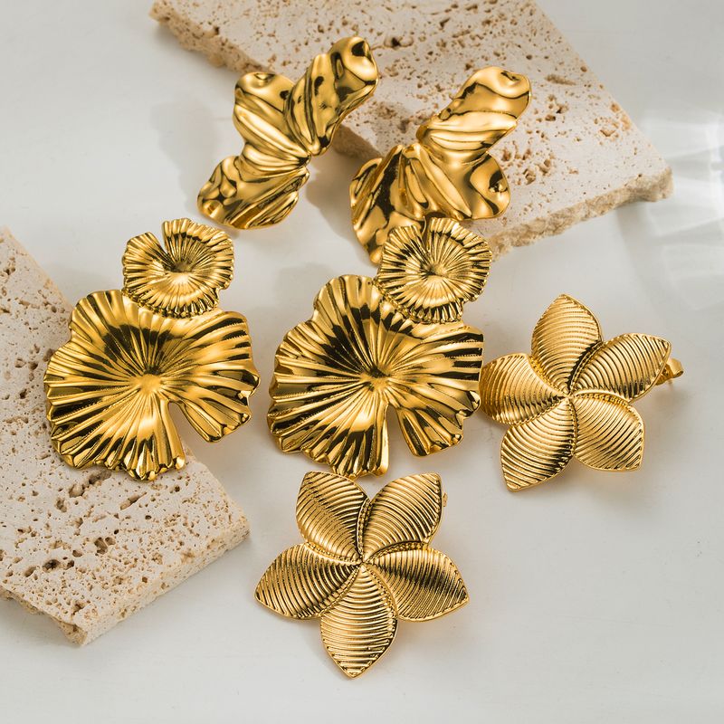 1 Pair Ig Style Retro Leaves Flower Plating Stainless Steel 18k Gold Plated Drop Earrings