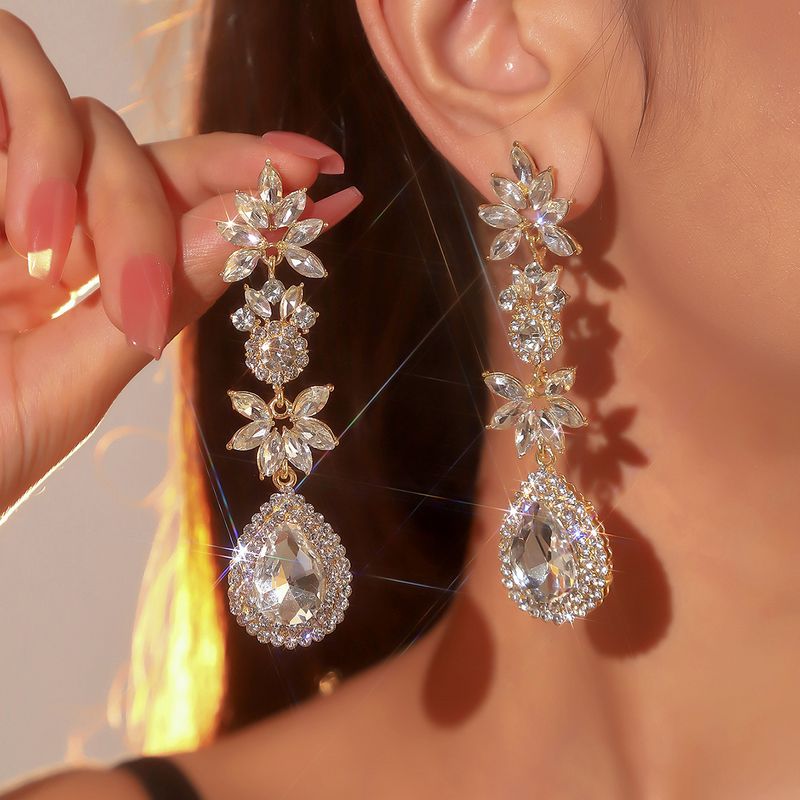 1 Pair Glam Luxurious Shiny Water Droplets Flower Plating Inlay Alloy Rhinestones Zircon Drop Earrings