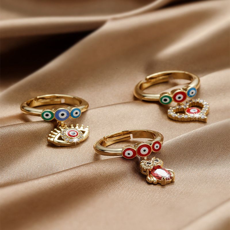 Wholesale Elegant Nordic Style Simple Style Devil's Eye Heart Shape Owl Copper Polishing Inlay 18K Gold Plated Zircon Charm Rings Open Rings