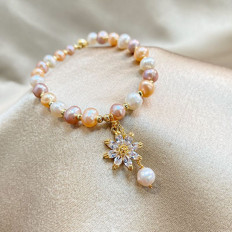 Simple Style Flower Freshwater Pearl Copper Inlay Zircon Bracelets