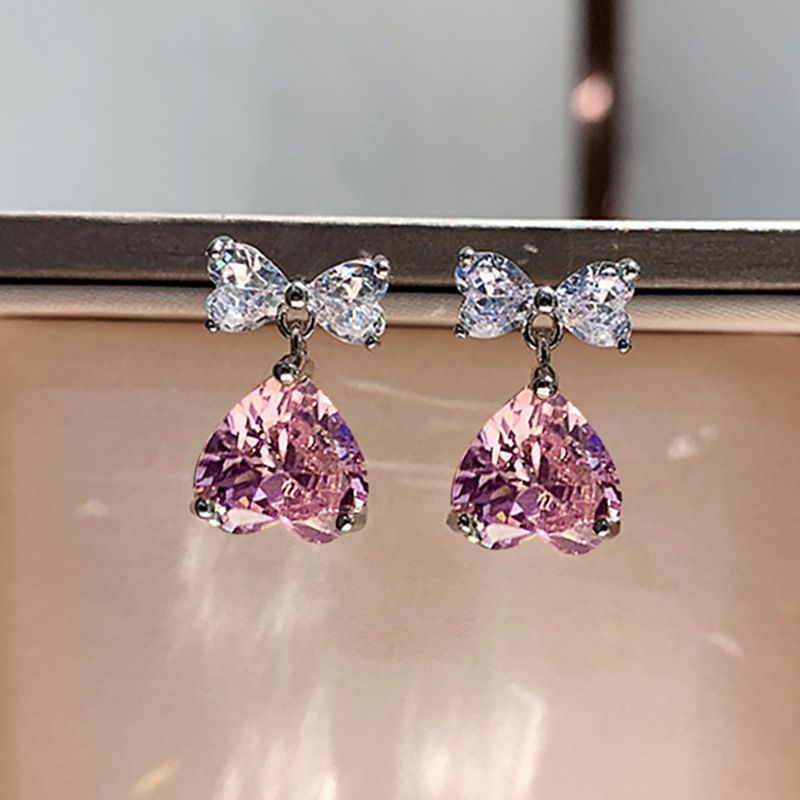 1 Paire Sucré Brillant Forme De Cœur Noeud D'arc Incruster Le Cuivre Zircon Boucles D'oreilles