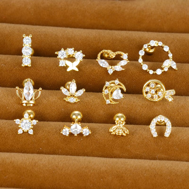 1 Piece Ig Style Heart Shape Crown Flower Plating Inlay Stainless Steel Zircon Ear Studs