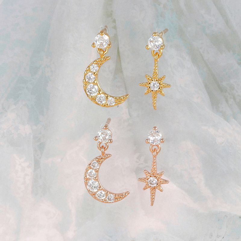 1 Pair Ig Style Star Moon Asymmetrical Plating Inlay Copper Zircon 18k Gold Plated Drop Earrings