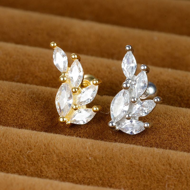 1 Piece Ig Style Shiny Leaves Plating Inlay Stainless Steel Zircon Ear Studs