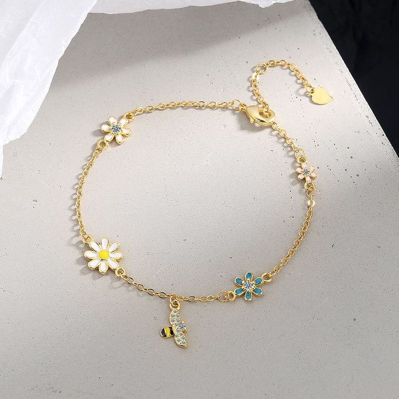 Cobre Dulce Enchapado Embutido Flor Abeja Circón Pulsera