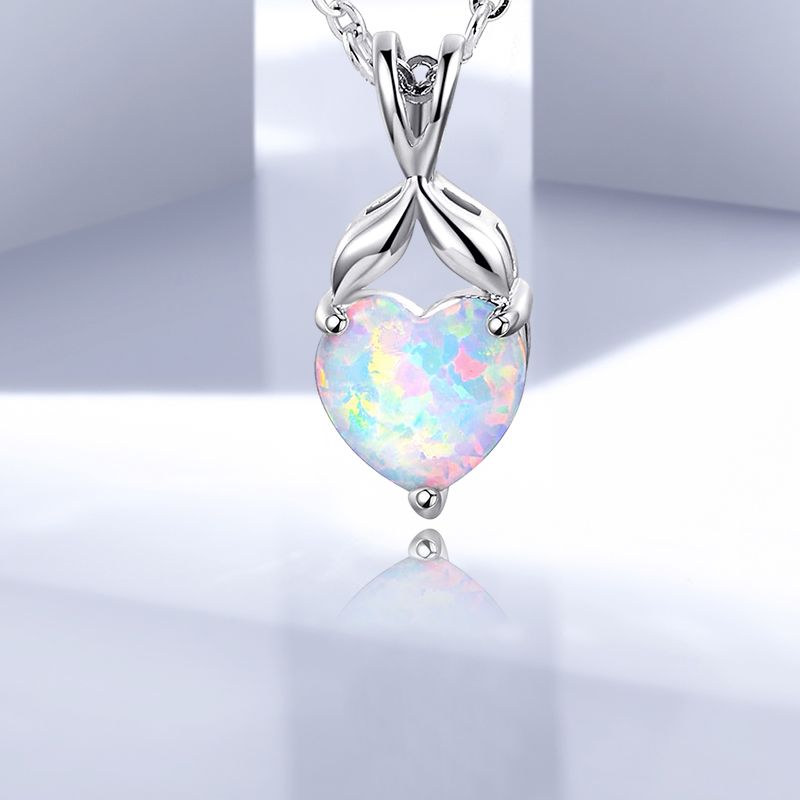 Copper White Gold Plated Elegant French Style Heart Shape Inlay Opal Pendant Necklace