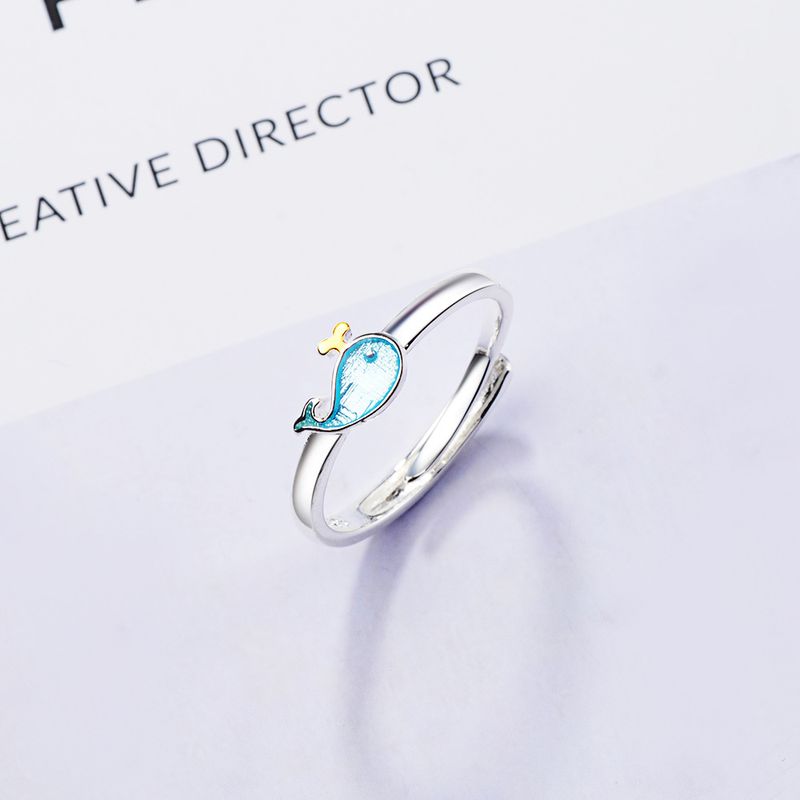 Wholesale Cute Whale Copper Stoving Varnish Silver Plated Adjustable Ring