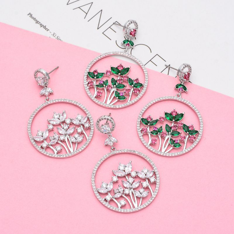 1 Pair Glam Shiny Circle Flower Plating Inlay Copper Zircon White Gold Plated Drop Earrings