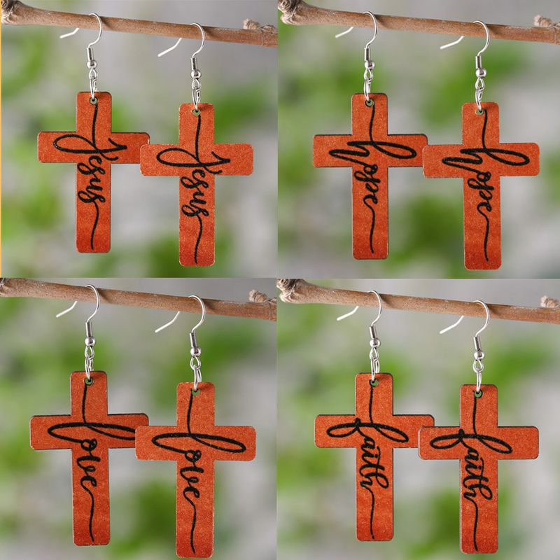 1 Pair Retro Cross Letter Wood Drop Earrings