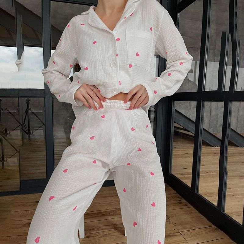 Casa Dormido Mujeres Casual Dulce Forma De Corazón Algodón Conjuntos De Pantalones Conjuntos De Pijamas