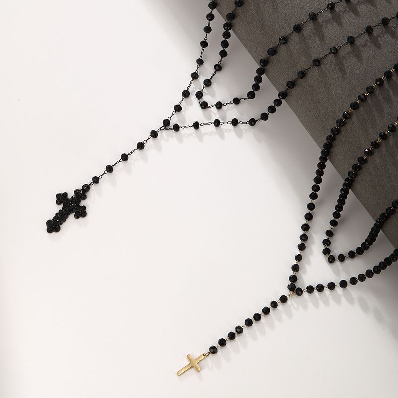 304 Stainless Steel Plastic 18K Gold Plated Black Gun XUPING Punk Simple Style Beaded Inlay Cross Artificial Gemstones Double Layer Necklaces