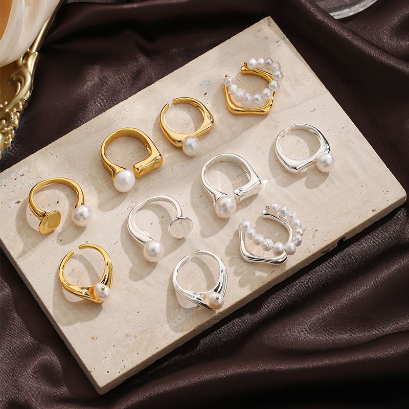 Original Design Einfacher Stil Runden Süßwasserperle Kupfer Überzug Inlay Perle 18 Karat Vergoldet Versilbert Offener Ring