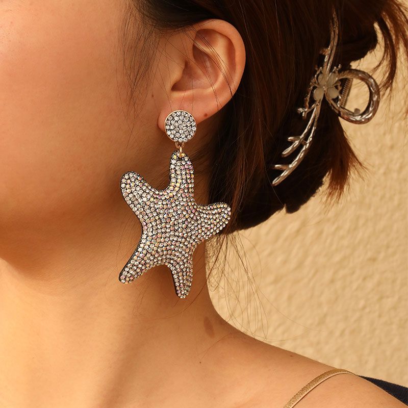 1 Par Glamour Brillante Estrella De Mar Enchapado Embutido Tela Diamantes De Imitación Pendientes De Gota