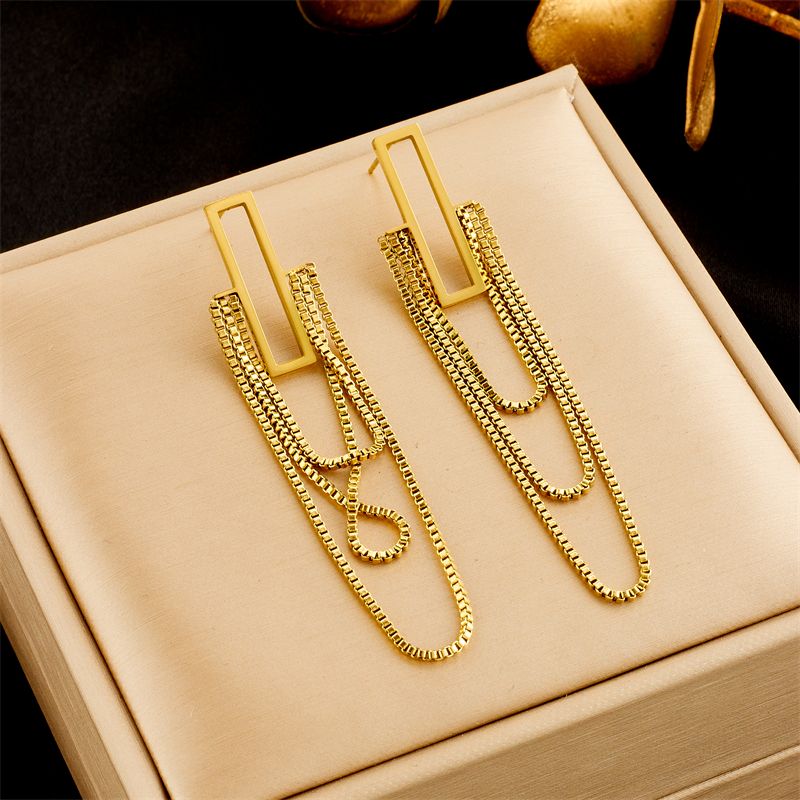 1 Pair Simple Style Rectangle Tassel Plating Titanium Steel 18k Gold Plated Drop Earrings