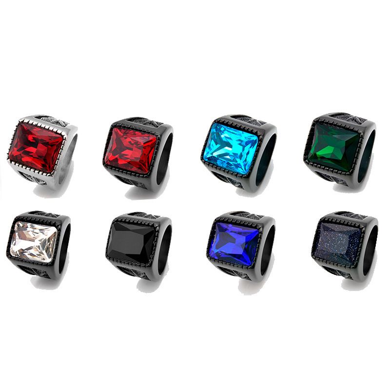 Hip-Hop Retro Square Titanium Steel Polishing Plating Inlay Glass 18K Gold Plated Men's Rings