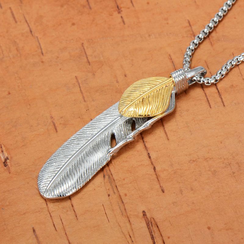 Hip-Hop Retro Feather Titanium Steel Chain 18K Gold Plated Men's Pendant Necklace
