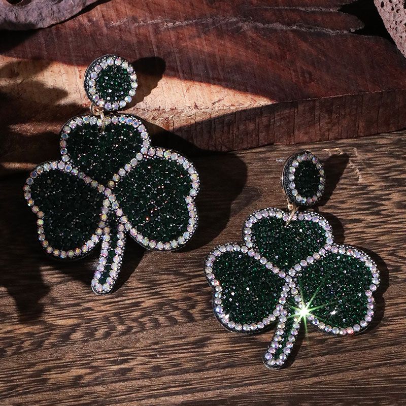 1 Pair Glam Shiny Shamrock Inlay Cloth Rhinestones Drop Earrings