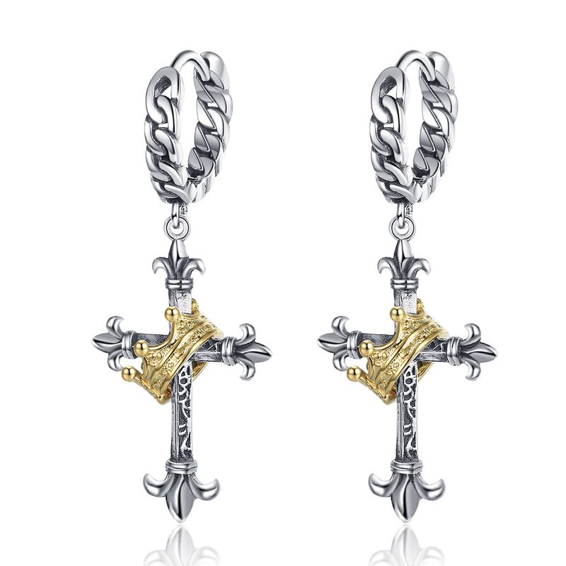 1 Pair Retro Cross Crown Plating Copper White Gold Plated Drop Earrings