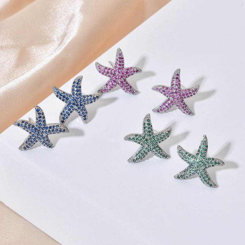 1 Pair Sweet Starfish Plating Inlay Copper Zircon White Gold Plated Ear Studs