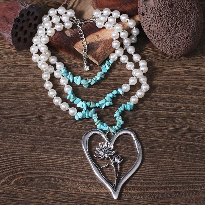 Simple Style Commute Heart Shape Imitation Pearl Alloy Turquoise Knitting Women's Three Layer Necklace