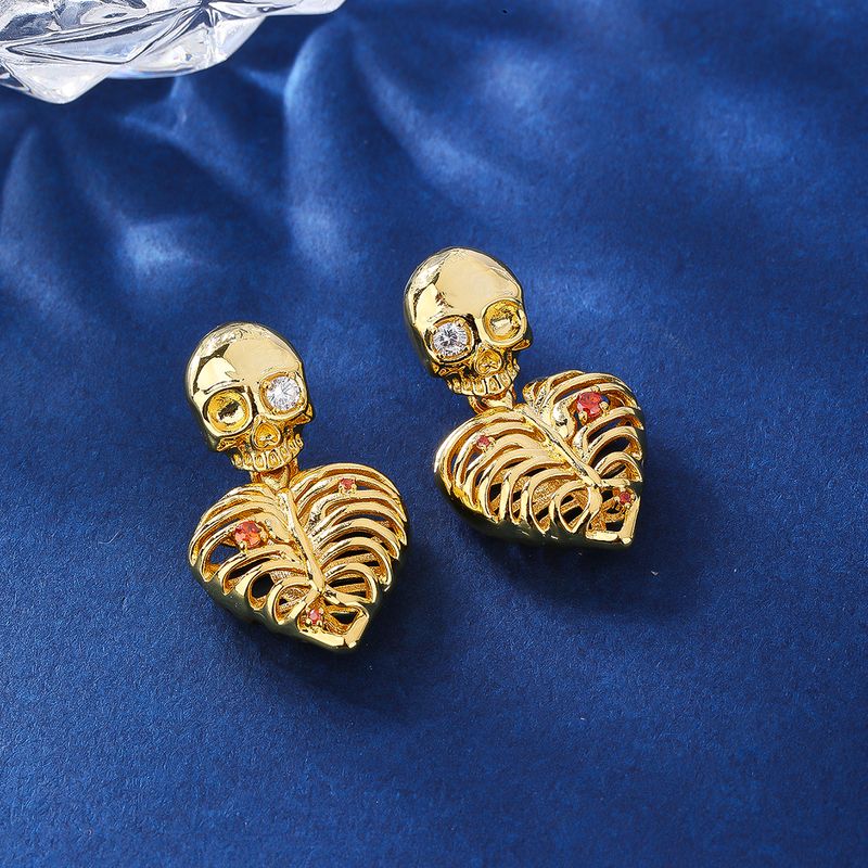 1 Pair Simple Style Skull Inlay Copper Zircon 18k Gold Plated Drop Earrings