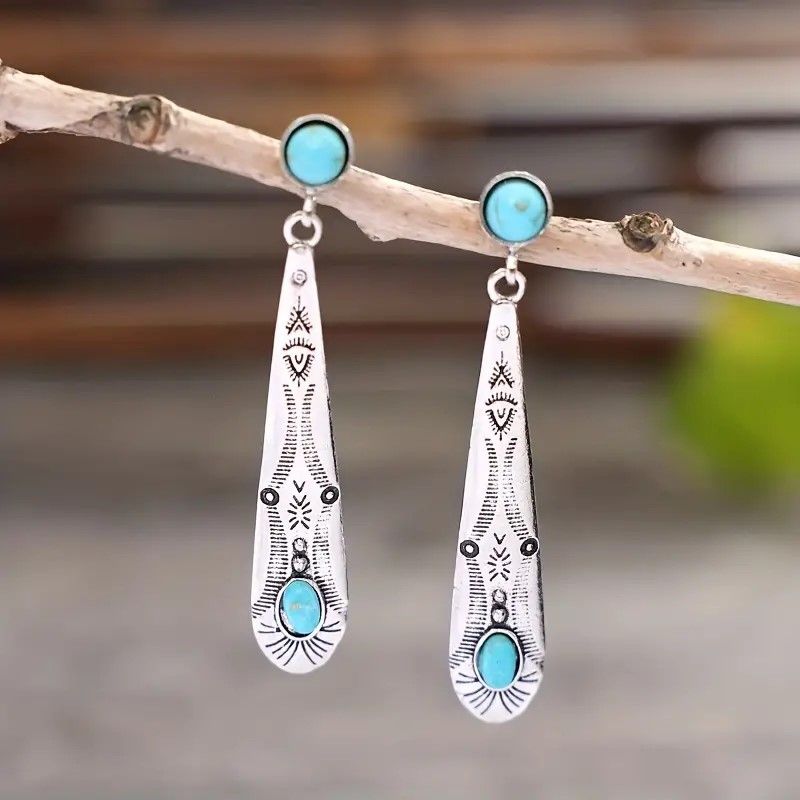 1 Pair Simple Style Classic Style Color Block Inlay Alloy Turquoise Gold Plated Drop Earrings