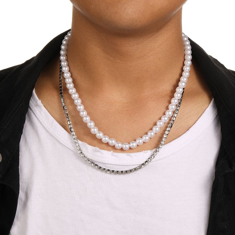 Basic Solid Color Stainless Steel Titanium Steel Inlay Rhinestones Men's Layered Necklaces