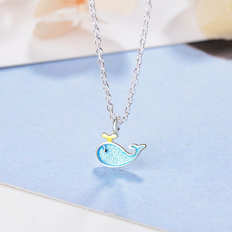 Copper Silver Plated Cute Stoving Varnish Whale Pendant Necklace