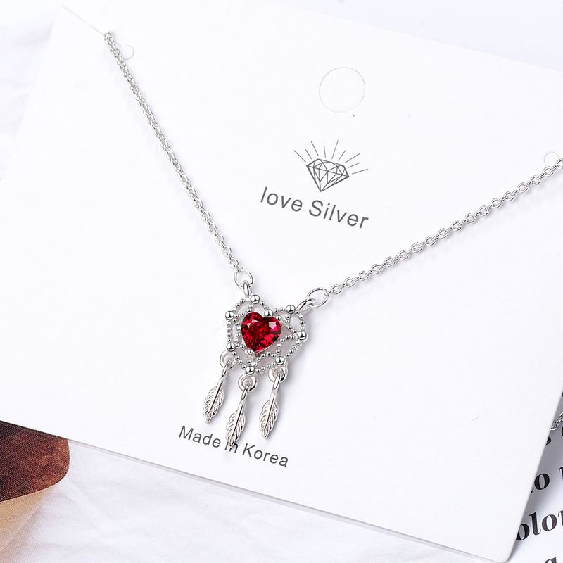 Copper White Gold Plated Sweet Inlay Dreamcatcher Heart Shape Feather Zircon Pendant Necklace