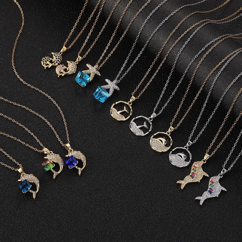 Simple Style Commute Starfish Copper Inlay Zircon Pendant Necklace