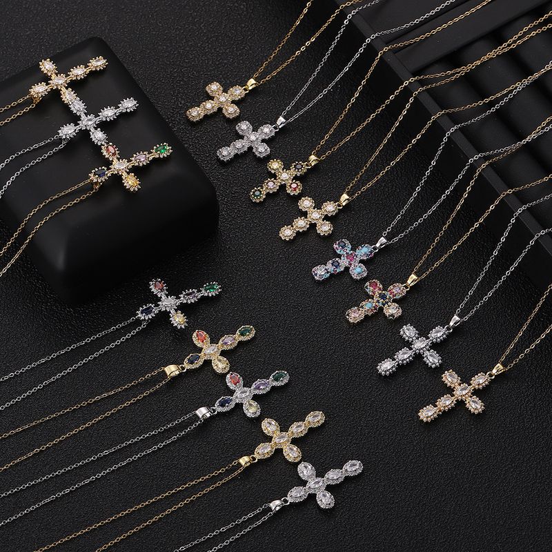 Classic Style Geometric Cross Copper Inlay Zircon Pendant Necklace
