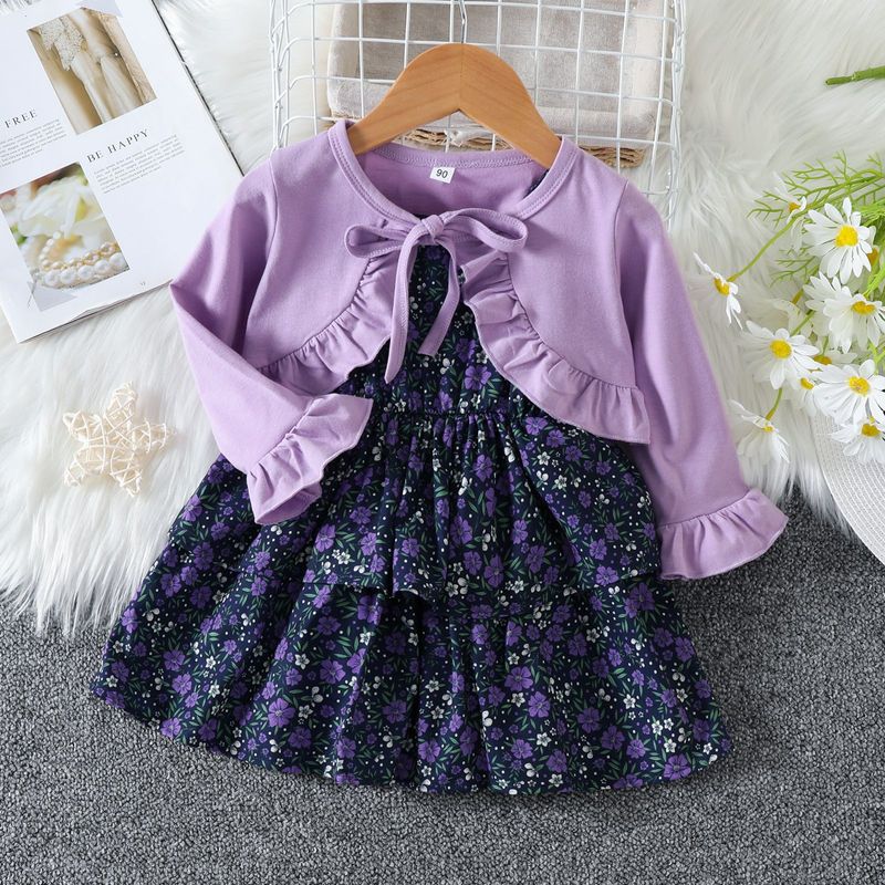 Fashion Solid Color Flower Printing Cotton Girls Clothing Sets