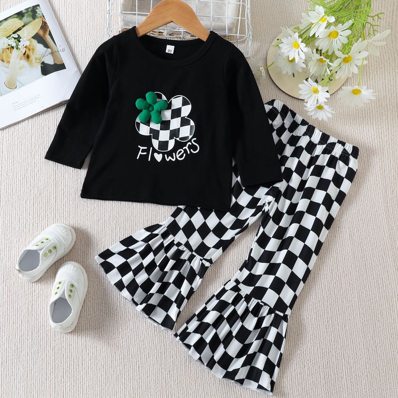 Fashion Plaid Flower Printing Cotton Polyester Girls Clothing Sets