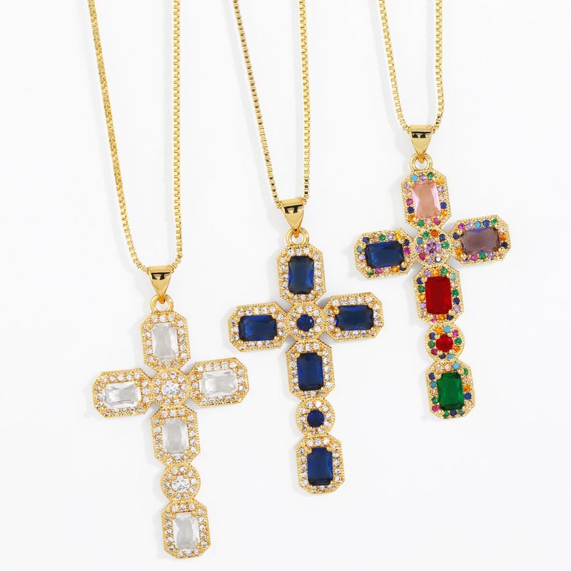 Hip-hop Cross Copper Plating Zircon Pendant Necklace 1 Piece