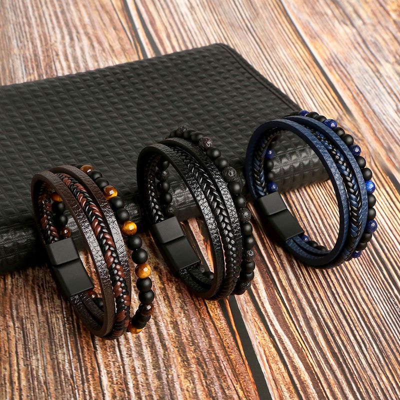 Fashion Round Pu Leather Alloy Tiger Eye Beaded Men's Bracelets