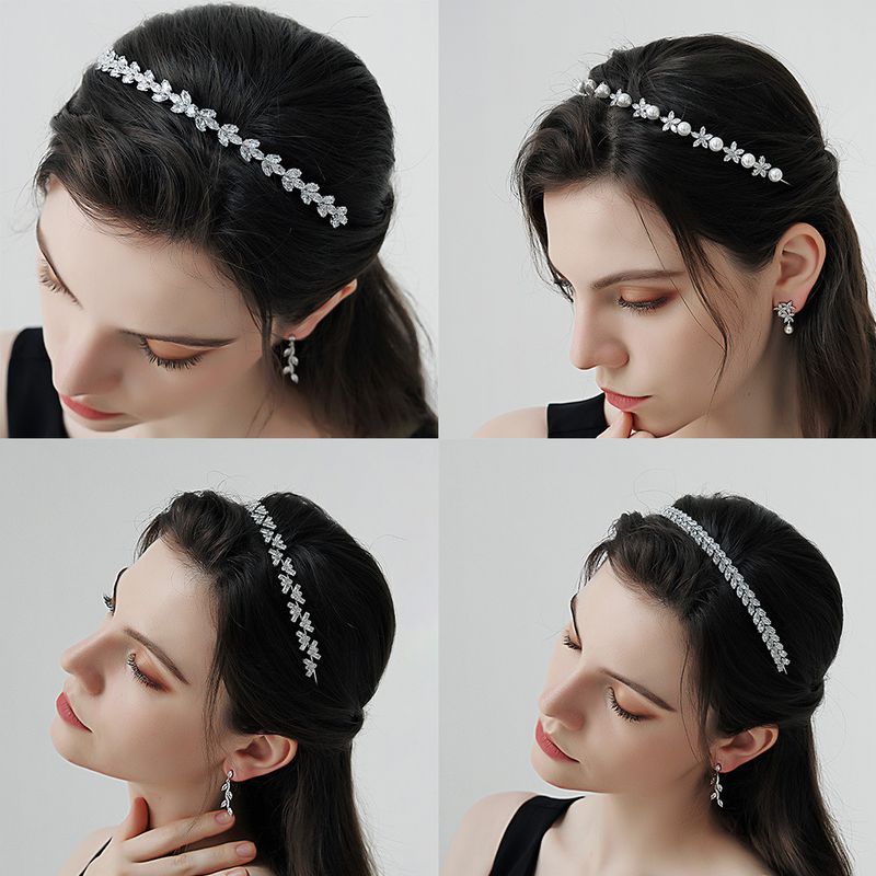 Fashion Leaf Metal Inlay Pearl Zircon Hair Band 1 Piece