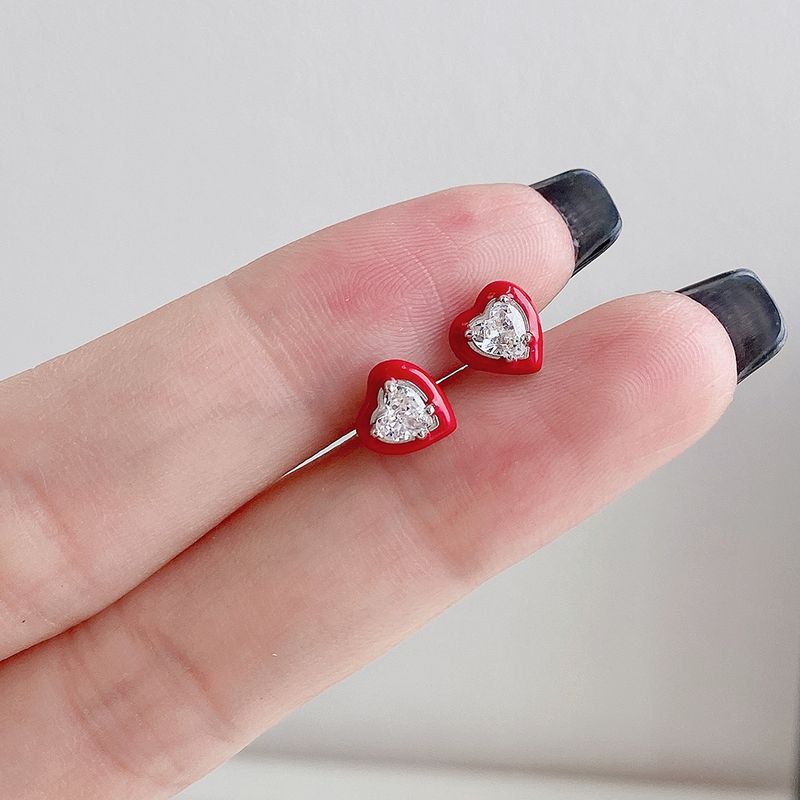 Sweet Heart Shape Sterling Silver Inlay Zircon Ear Studs 1 Pair