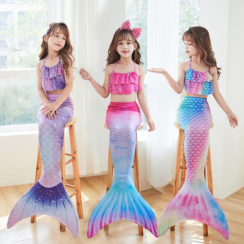Girl's Cartoon Style Mermaid Polyester Bikinis 3 Piece Set