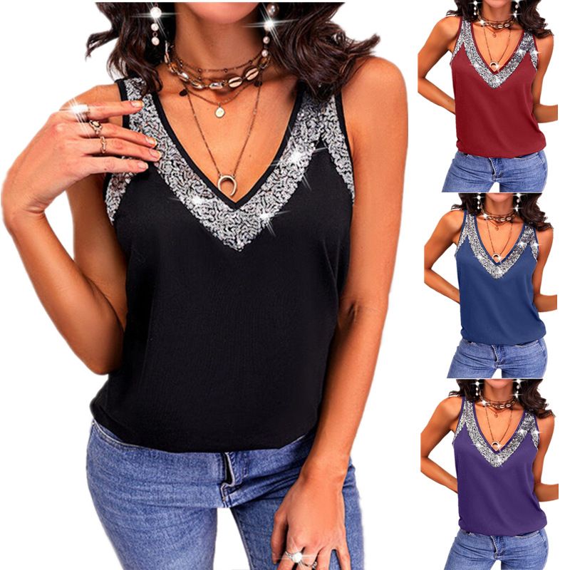 Women's T-shirt Sleeveless Tank Tops Sequins Patchwork Fashion Solid Color