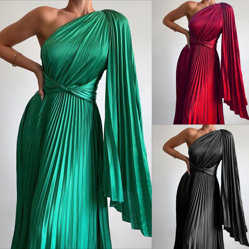 Women's A-line Skirt Elegant Off Shoulder Pleated Sleeveless Stripe Solid Color Maxi Long Dress Daily