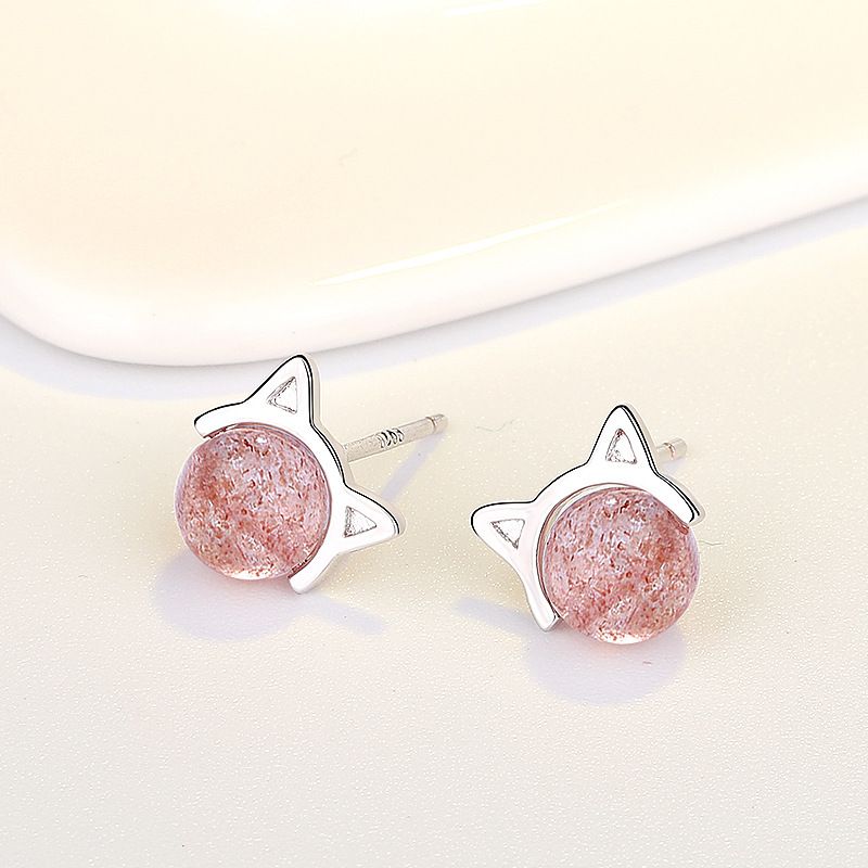 Cute Animal Cat Copper Plating Inlay Artificial Gemstones Ear Studs 1 Pair