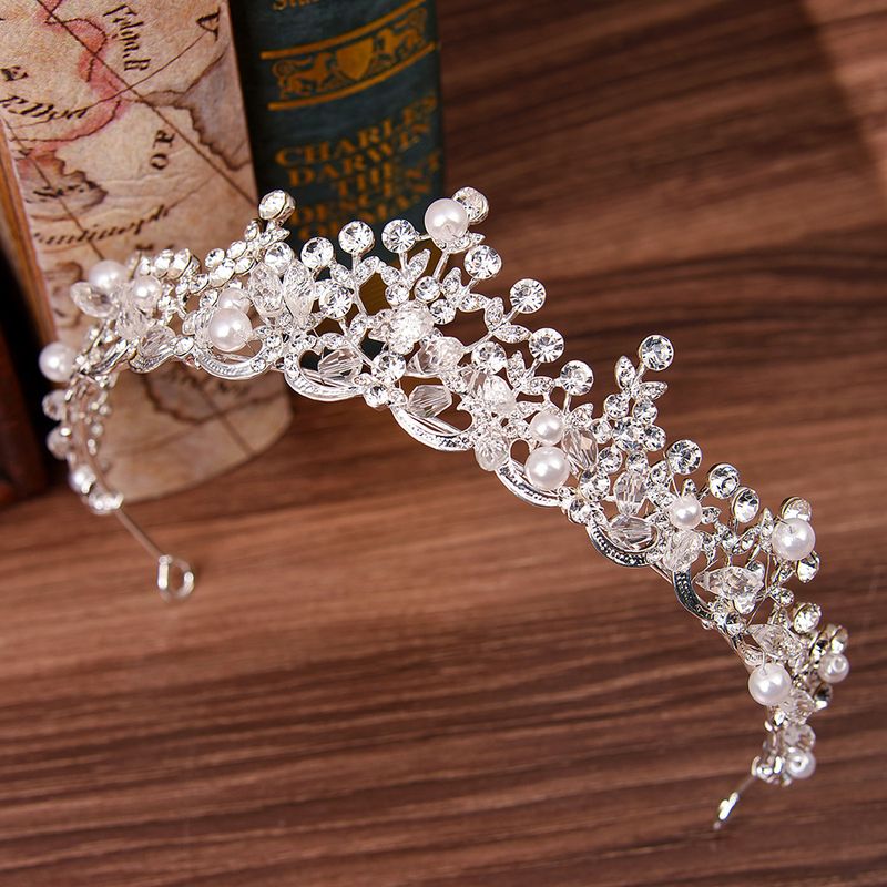 Fashion Leaf Alloy Rhinestone Inlay Artificial Pearls Crown 1 Piece